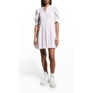 Cinq à Sept Pam Striped Puff Sleeve Tiered Dress Woman's Sz 4 Pink & White